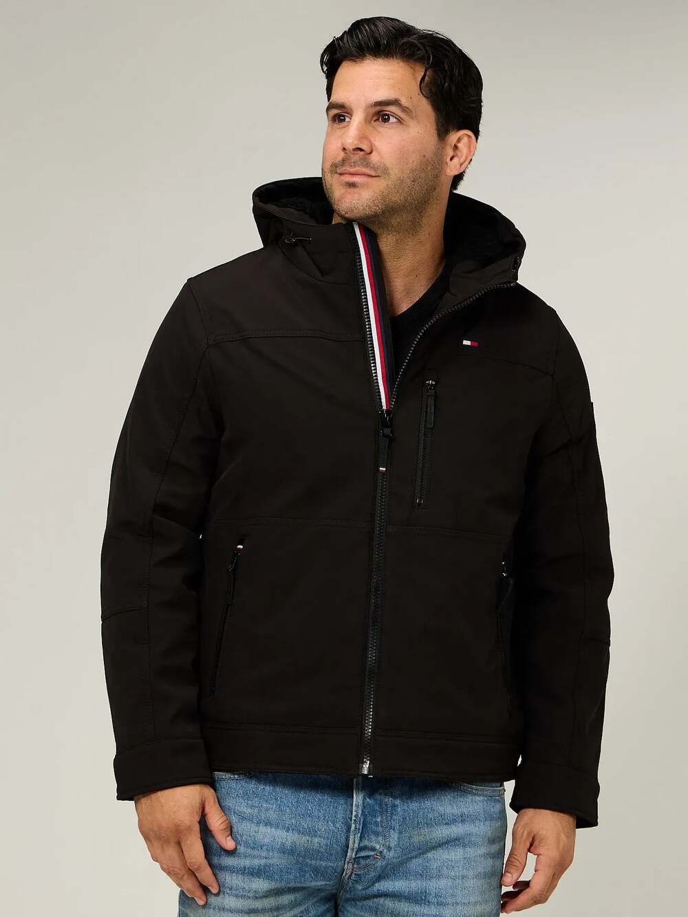 Tommy Hilfiger Men's Sherpa-Lined Softshell Hooded Jacket Black